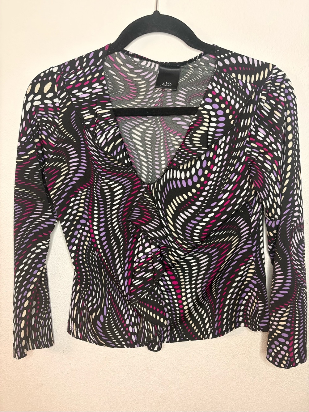 J.T.P. Black Wrap Blouse with Purple & Cream Dot Swirl-131